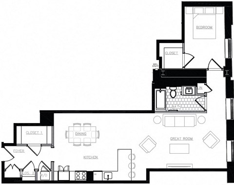 Floor plan for 1 bed, 1 bath, 1148 sqft